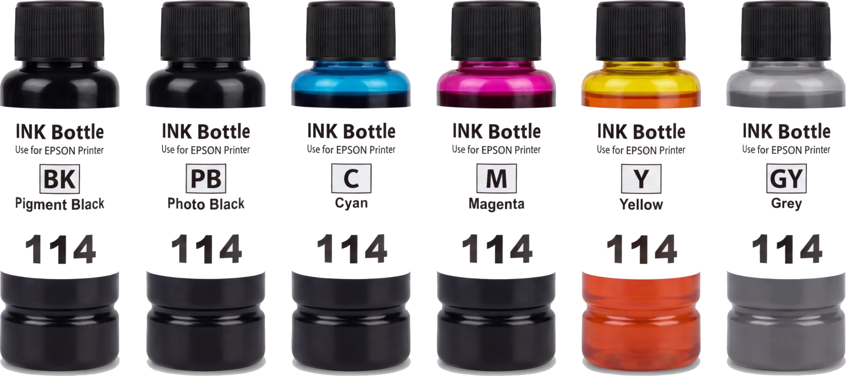 Epson 114 Tintenflasche Pigmentschwarz (kompatibel), Epson 114 Tintenflasche Fotoschwarz (kompatibel), Epson 114 Tintenflasche Cyan (kompatibel), Epson 114 Tintenflasche Magenta (kompatibel), Epson 114 Tintenflasche Gelb (kompatibel), Epson 114 Tintenflasche Grau (kompatibel)